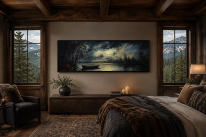 Moonlit Rowboat And Lake Landscape Long Narrow Canvas Wall Art For Cabin Decor