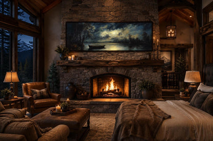 Moonlit Rowboat And Lake Landscape Long Narrow Canvas Wall Art For Cabin Decor