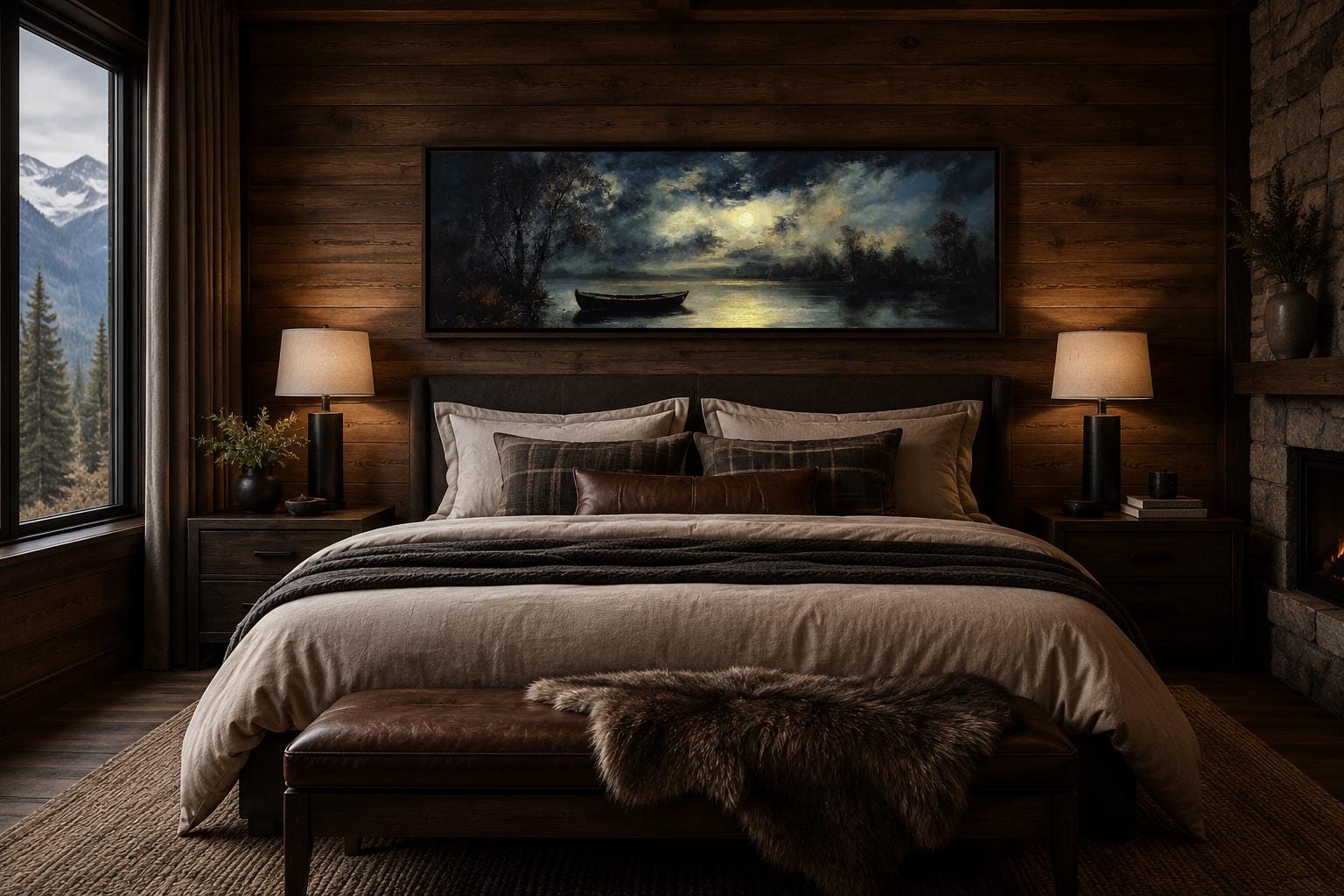 Moonlit Rowboat And Lake Landscape Long Narrow Canvas Wall Art For Cabin Decor