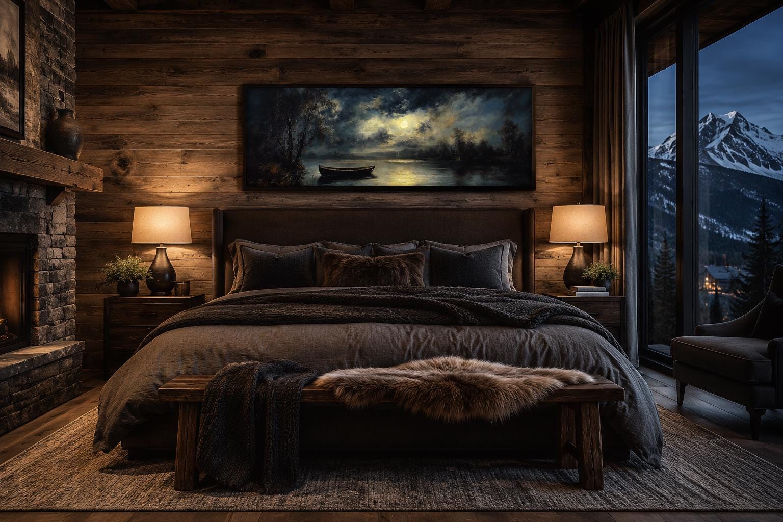 Moonlit Rowboat And Lake Landscape Long Narrow Canvas Wall Art For Cabin Decor