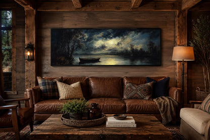 Moonlit Rowboat And Lake Landscape Long Narrow Canvas Wall Art For Cabin Decor