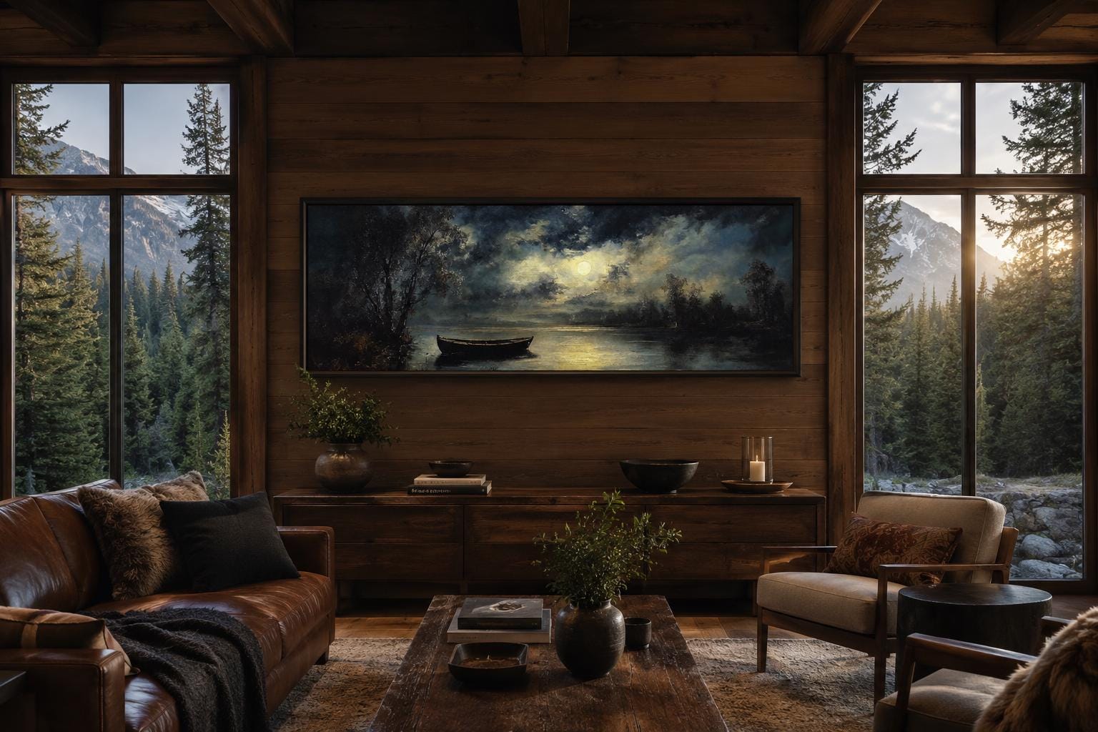 Moonlit Rowboat And Lake Landscape Long Narrow Canvas Wall Art For Cabin Decor