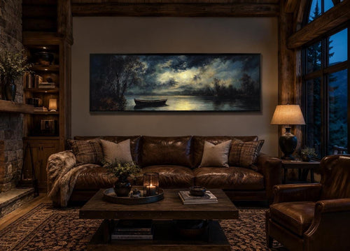 Moonlit Rowboat And Lake Landscape Long Narrow Canvas Wall Art For Cabin Decor