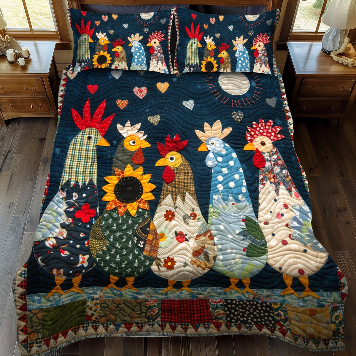 Single (59'' x 70'') /Night Roosters 3-Piece Quilted Bedding Set