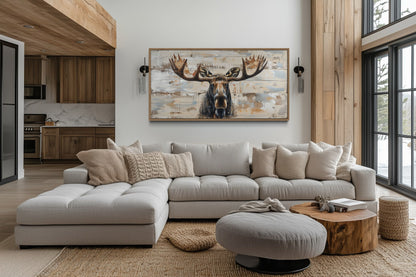 Moose Cabin Wall Art – Rustic Wood Painting on Extra Large Framed Canvas