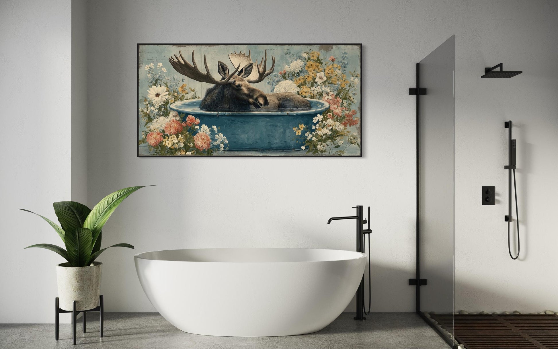 Moose In Bathtub With Flowers Canvas Wall Art