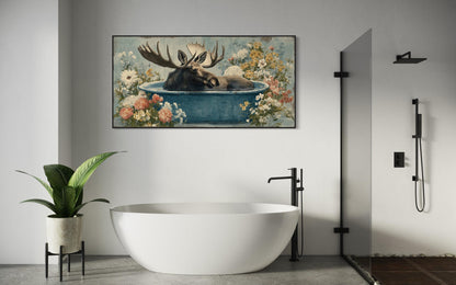 Moose In Bathtub With Flowers Canvas Wall Art
