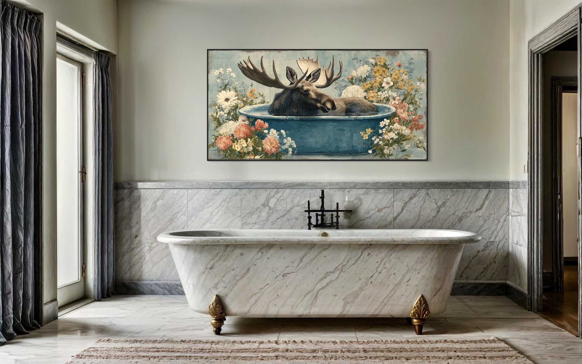 Moose In Bathtub With Flowers Canvas Wall Art