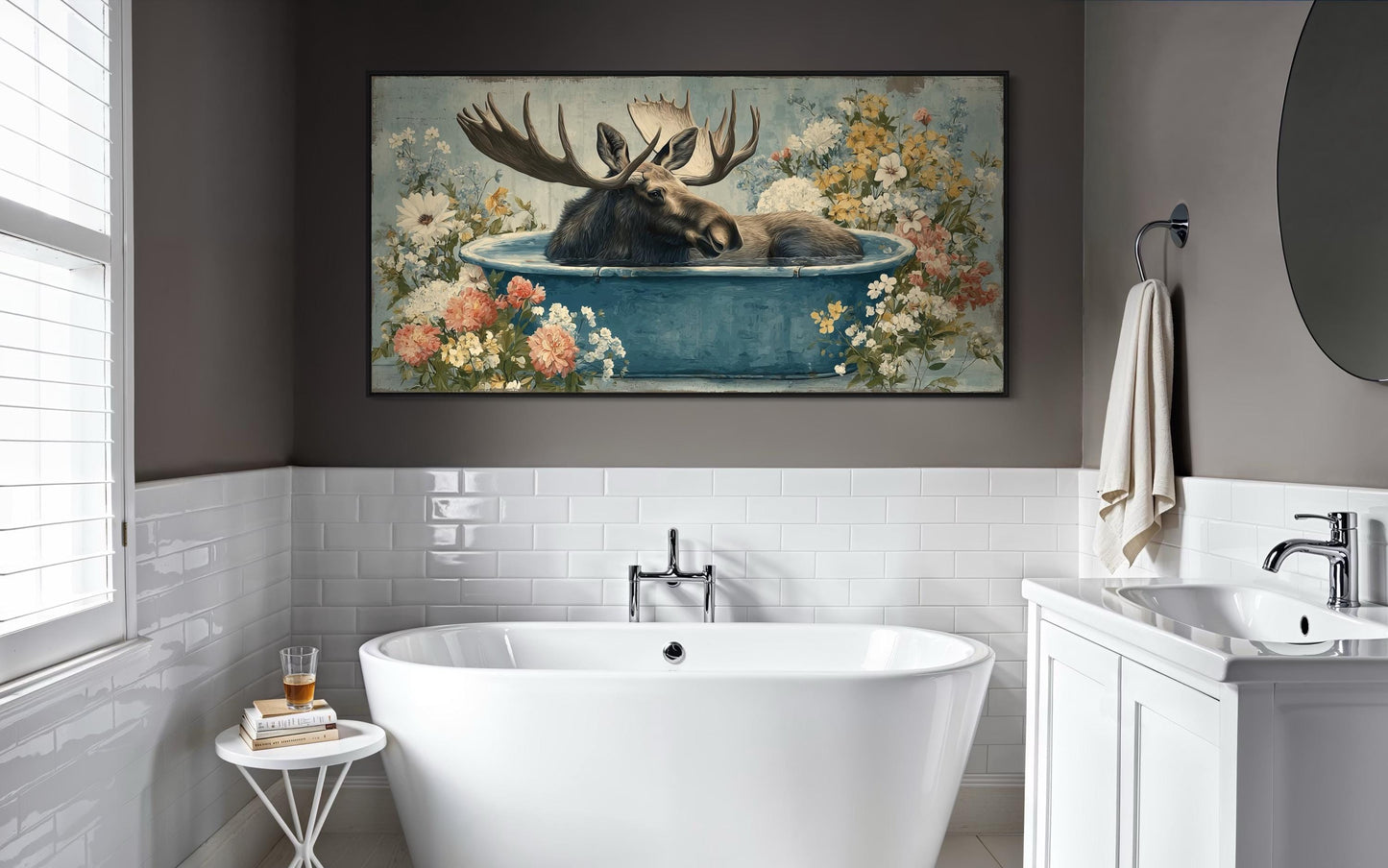 Moose In Bathtub With Flowers Canvas Wall Art