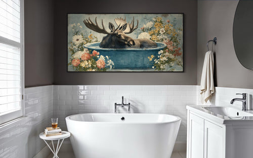 Moose In Bathtub With Flowers Canvas Wall Art
