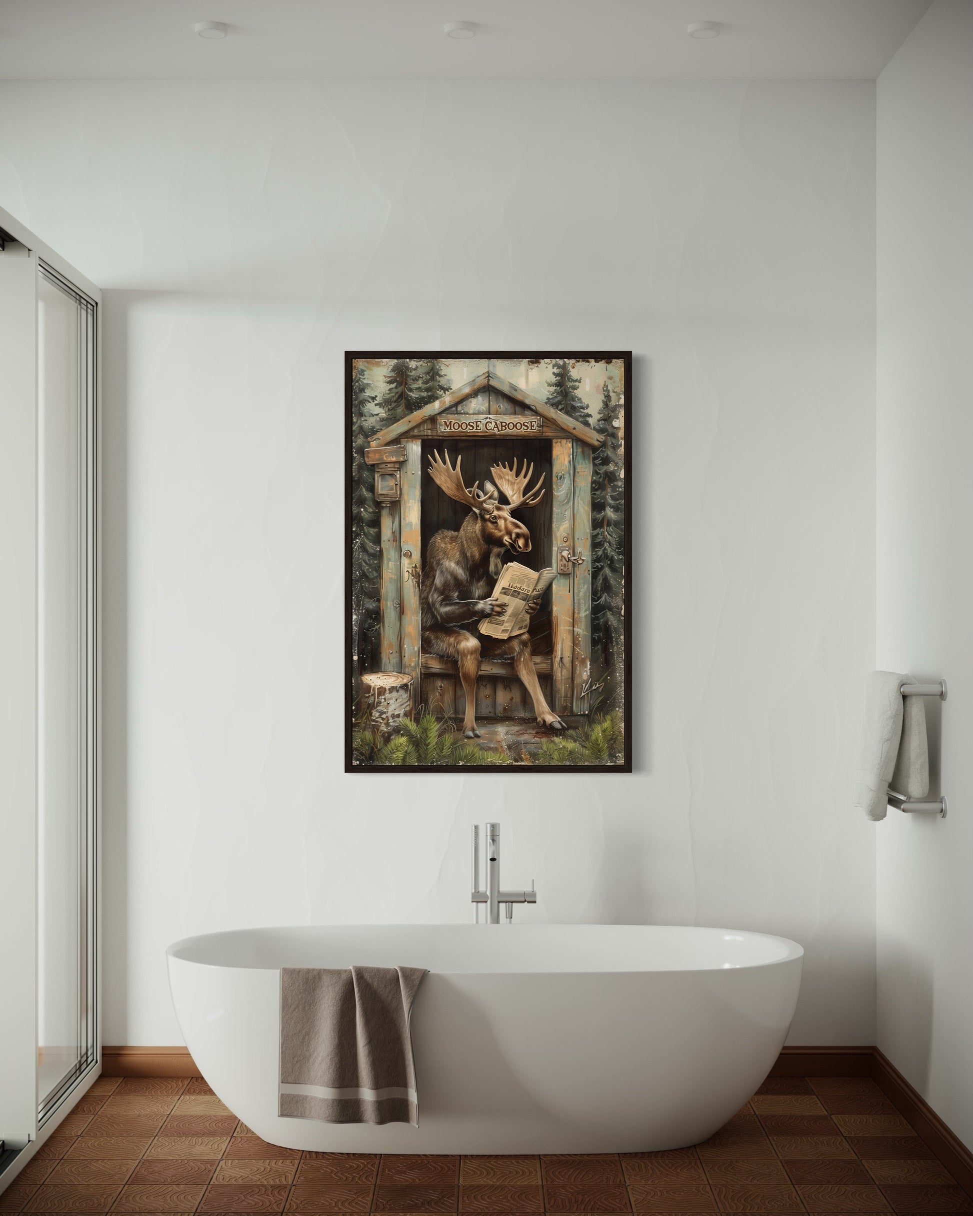 Moose In Outhouse Toilet In The Forest Reading Newspaper Picture Canvas Wall Art