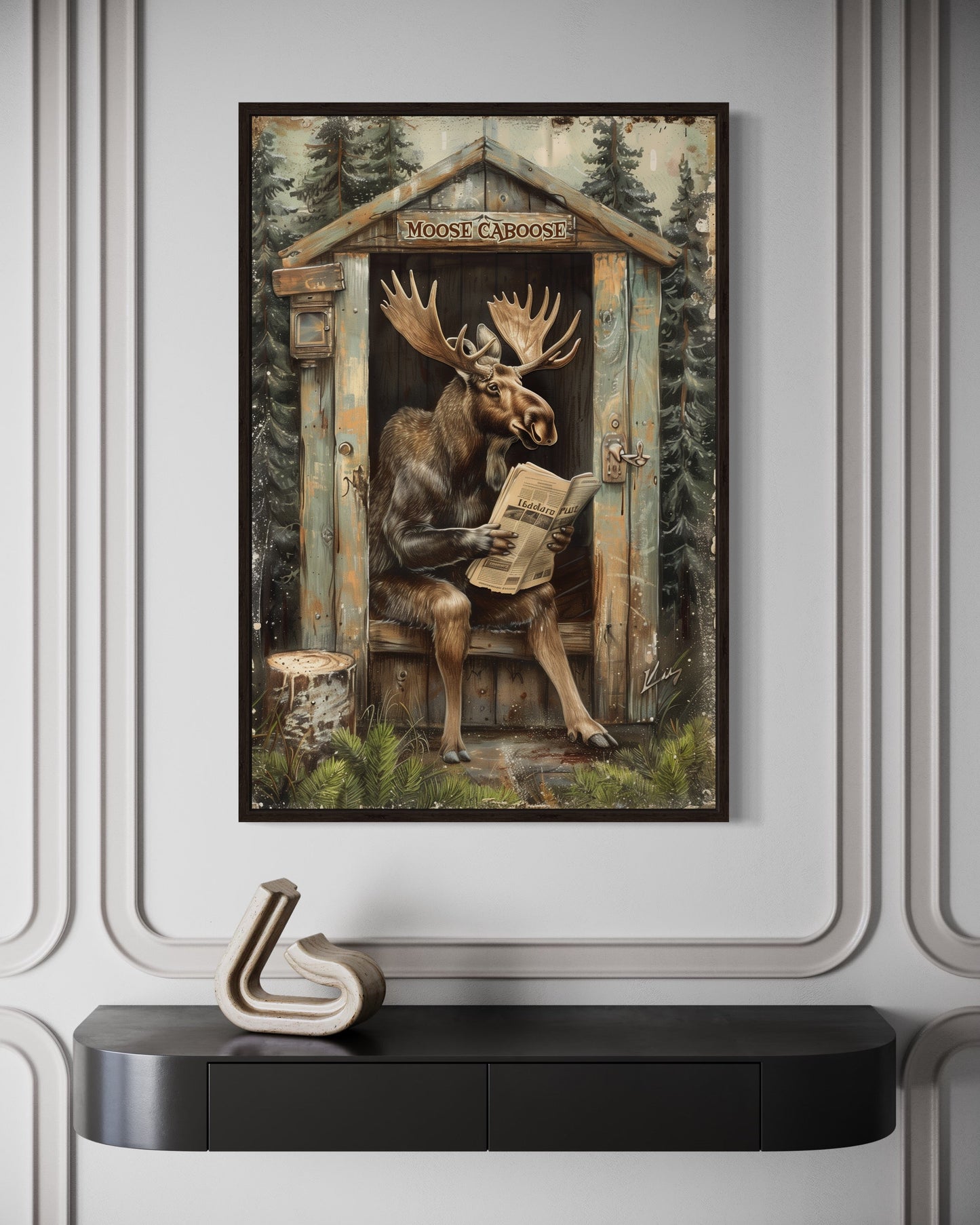 Moose In Outhouse Toilet In The Forest Reading Newspaper Picture Canvas Wall Art