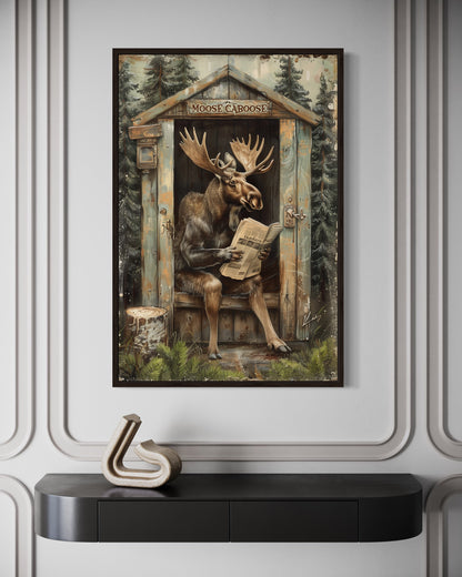 Moose In Outhouse Toilet In The Forest Reading Newspaper Picture Canvas Wall Art