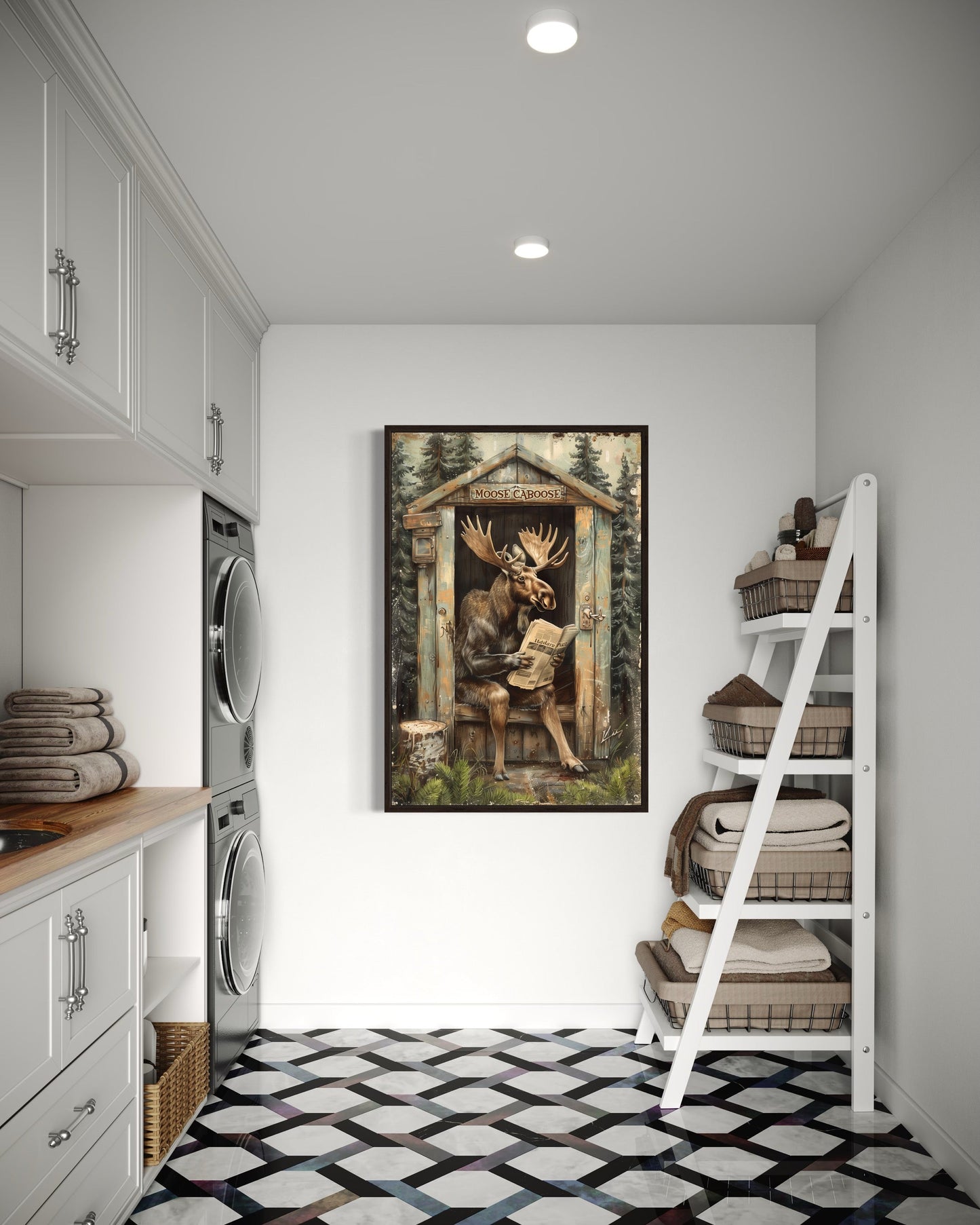 Moose In Outhouse Toilet In The Forest Reading Newspaper Picture Canvas Wall Art
