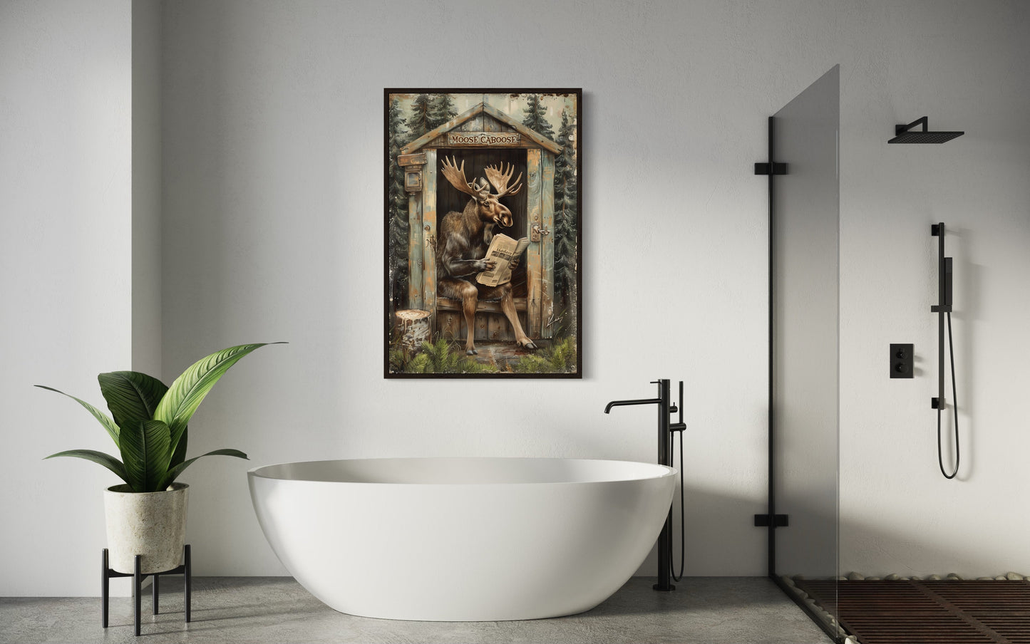 Moose In Outhouse Toilet In The Forest Reading Newspaper Picture Canvas Wall Art