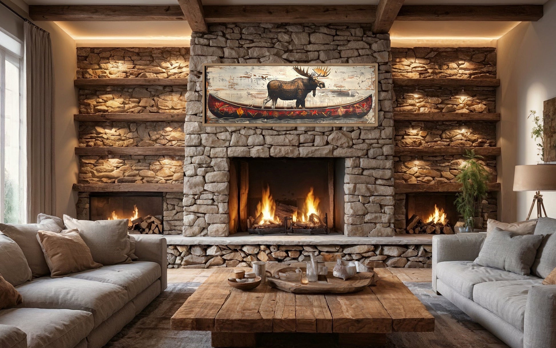 Moose In Red Canoe Long Panoramic Framed Canvas Wall Art For Cabin Decor
