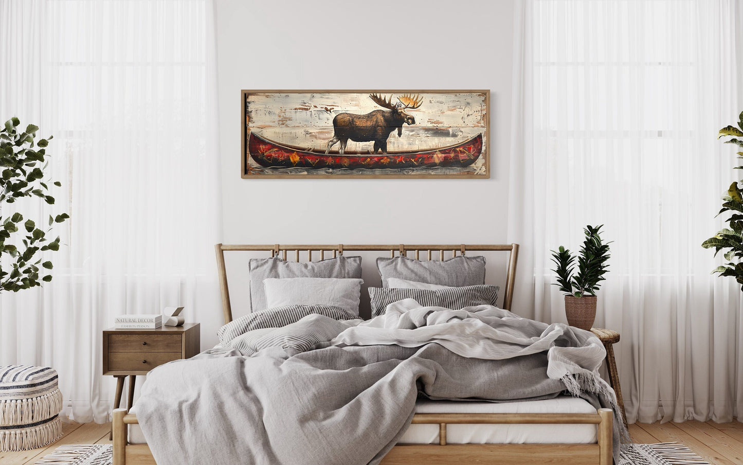 Moose In Red Canoe Long Panoramic Framed Canvas Wall Art For Cabin Decor
