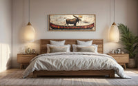 Moose In Red Canoe Long Panoramic Framed Canvas Wall Art For Cabin Decor