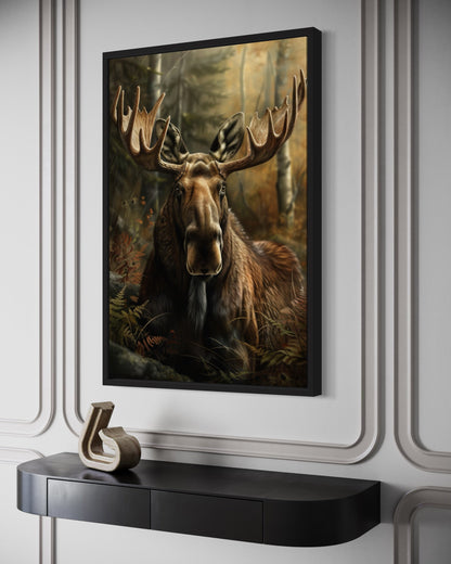 Moose In The Forest Framed Canvas Wall Art For Cabin Decor
