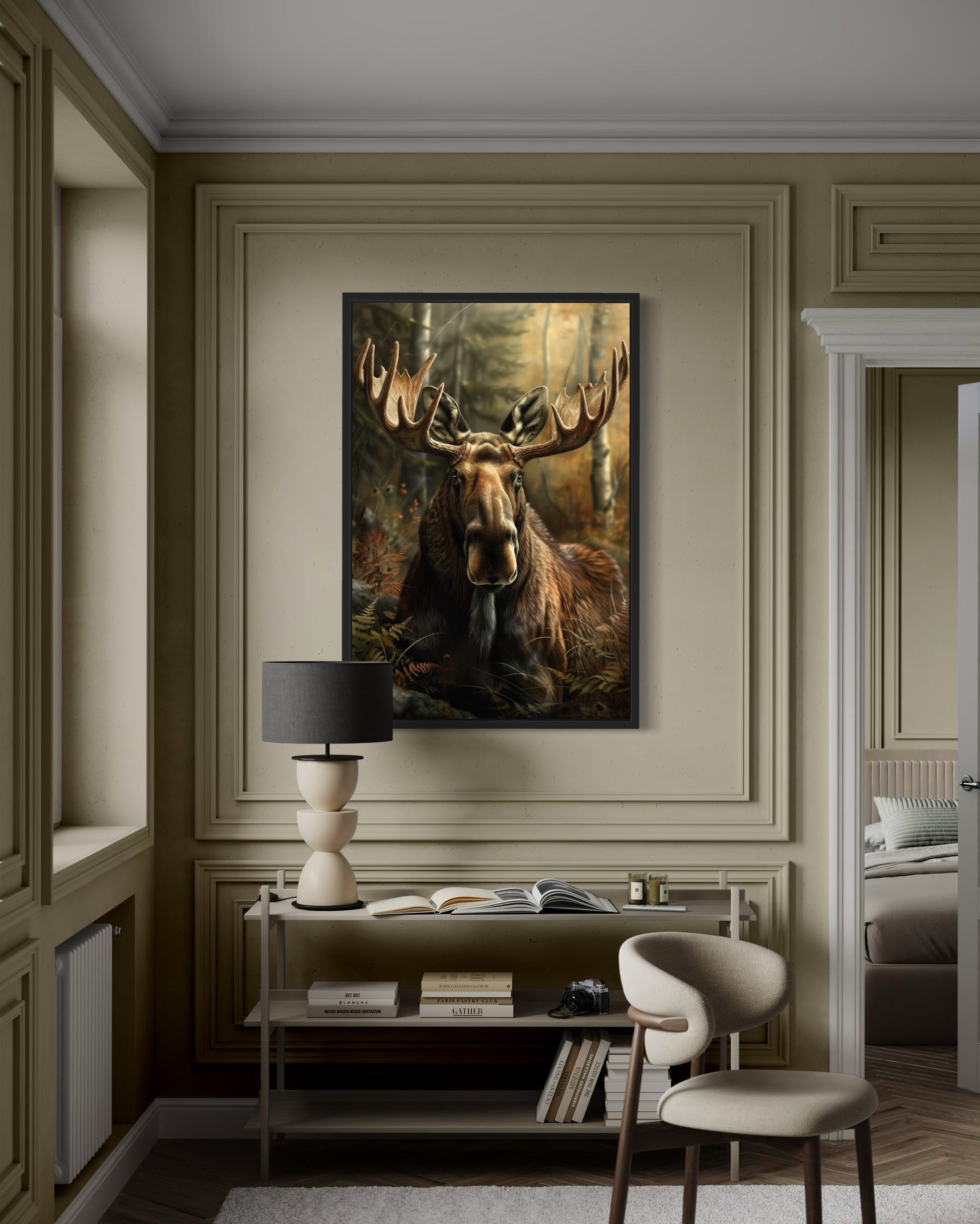 Moose In The Forest Framed Canvas Wall Art For Cabin Decor