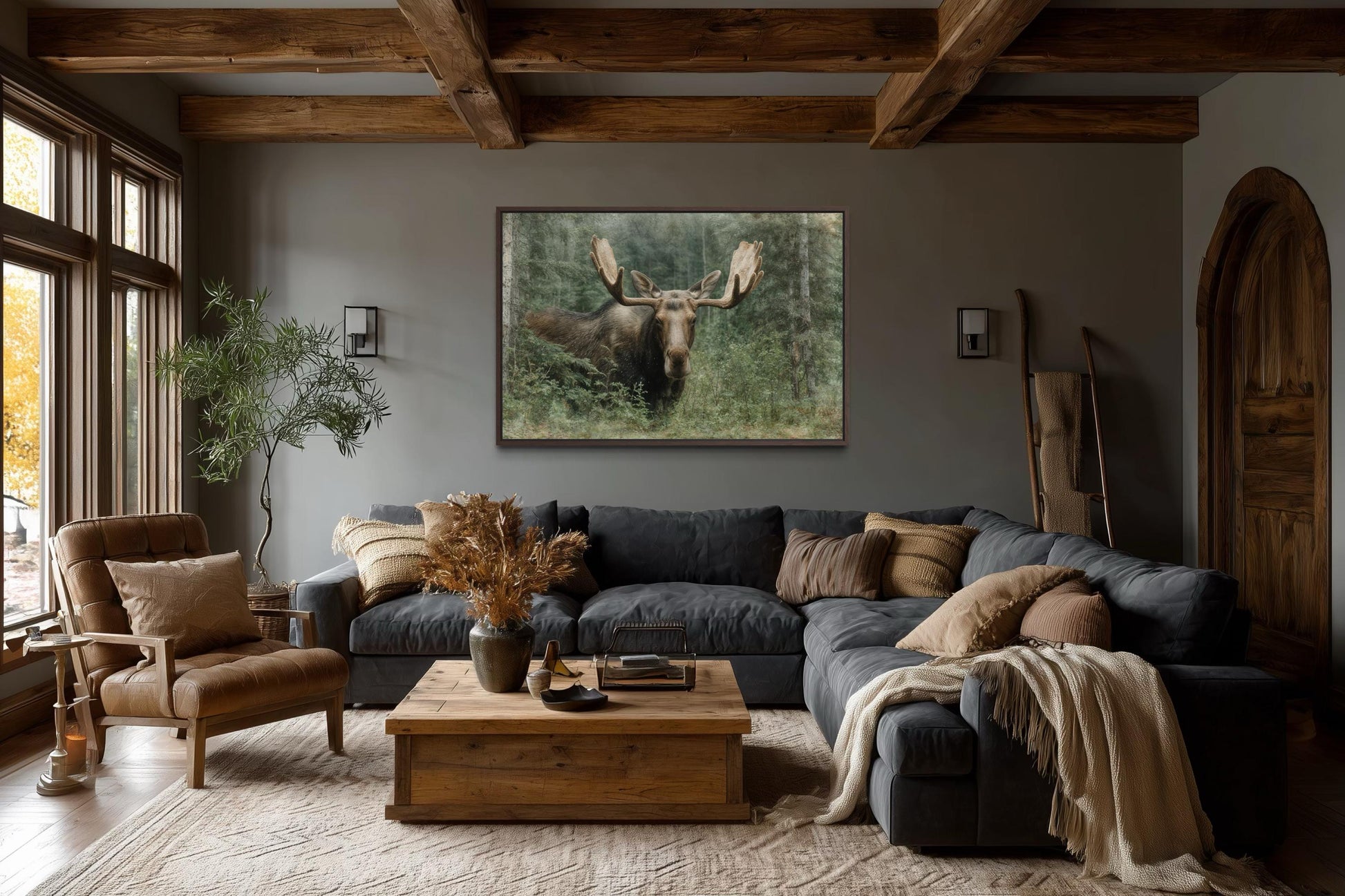 Moose In The Forest Wall Art – Rustic Wildlife Painting on Canvas for Cabin Lodge Decor