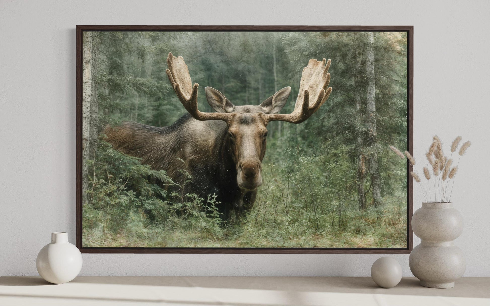 Moose In The Forest Wall Art – Rustic Wildlife Painting on Canvas for Cabin Lodge Decor