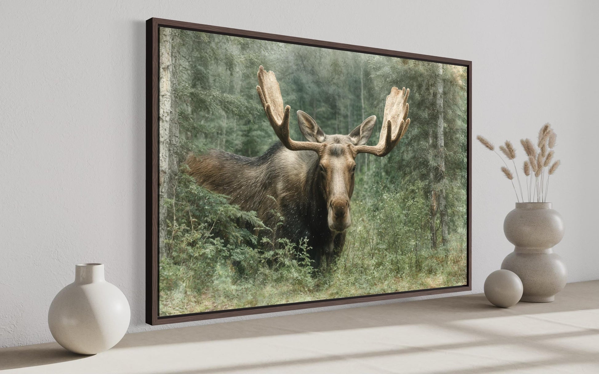 Moose In The Forest Wall Art – Rustic Wildlife Painting on Canvas for Cabin Lodge Decor