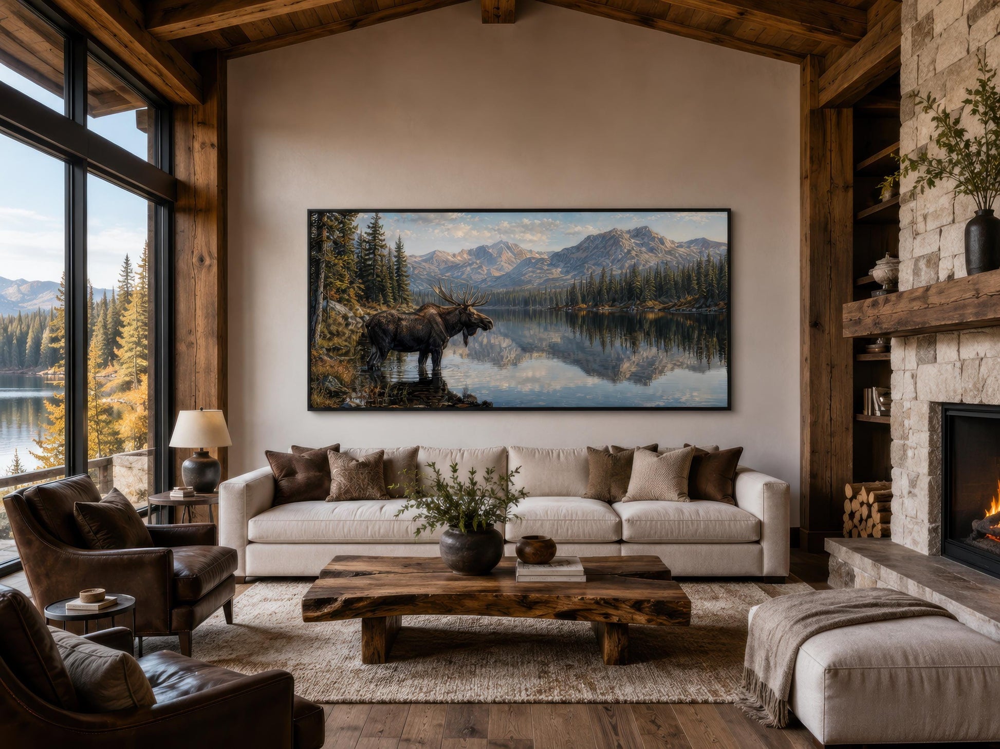 Moose Near Lake Wall Art - Above Mantel for Lake House Decor