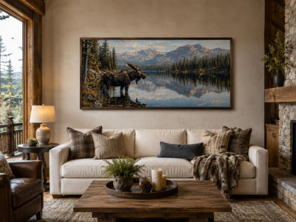 Moose Near Lake Wall Art - Above Mantel for Lake House Decor