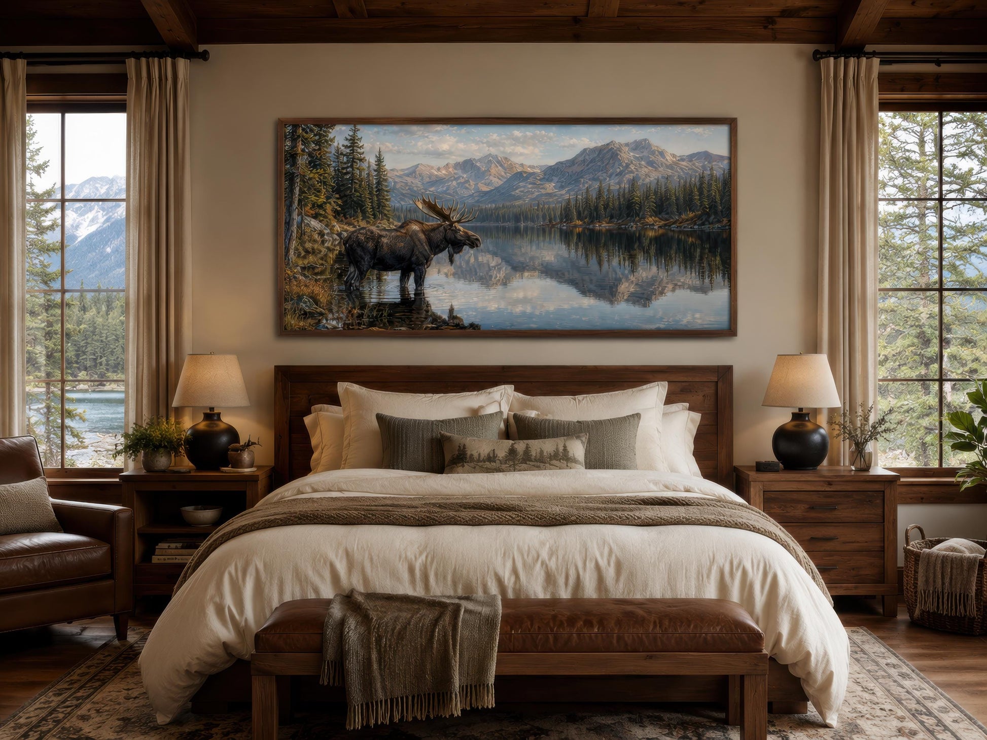Moose Near Lake Wall Art - Above Mantel for Lake House Decor