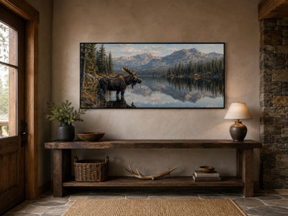 Moose Near Lake Wall Art - Above Mantel for Lake House Decor