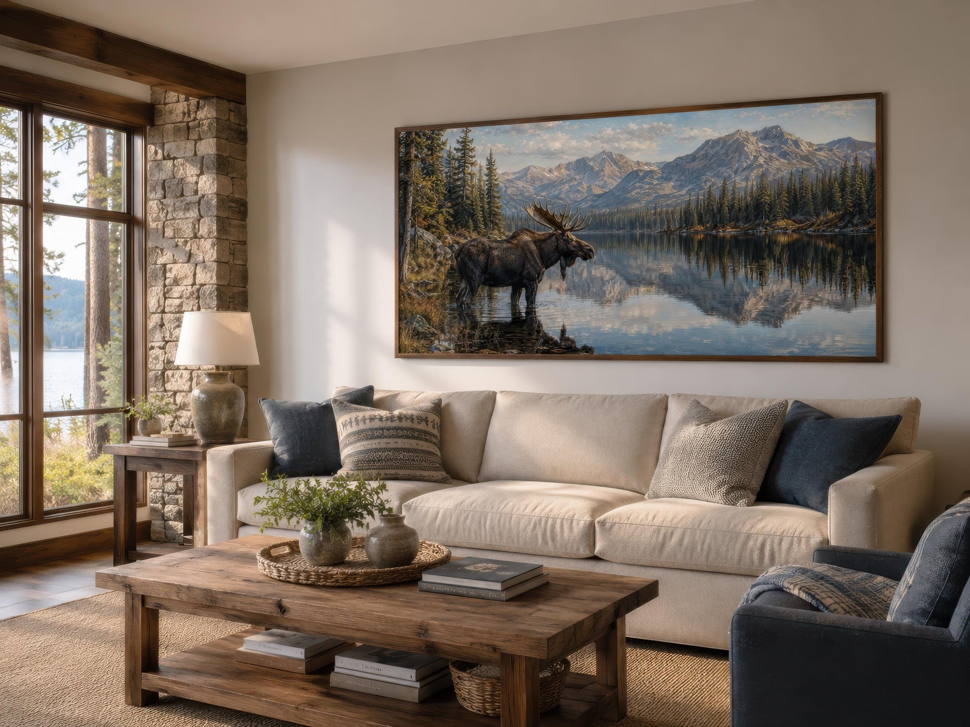 Moose Near Lake Wall Art - Above Mantel for Lake House Decor