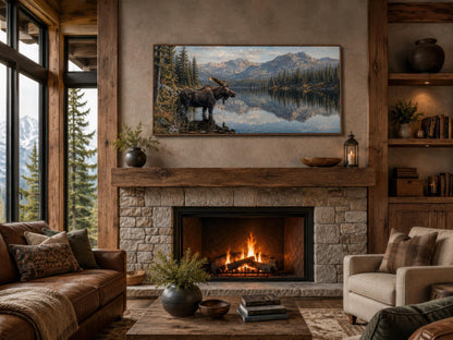 Moose Near Lake Wall Art - Above Mantel for Lake House Decor
