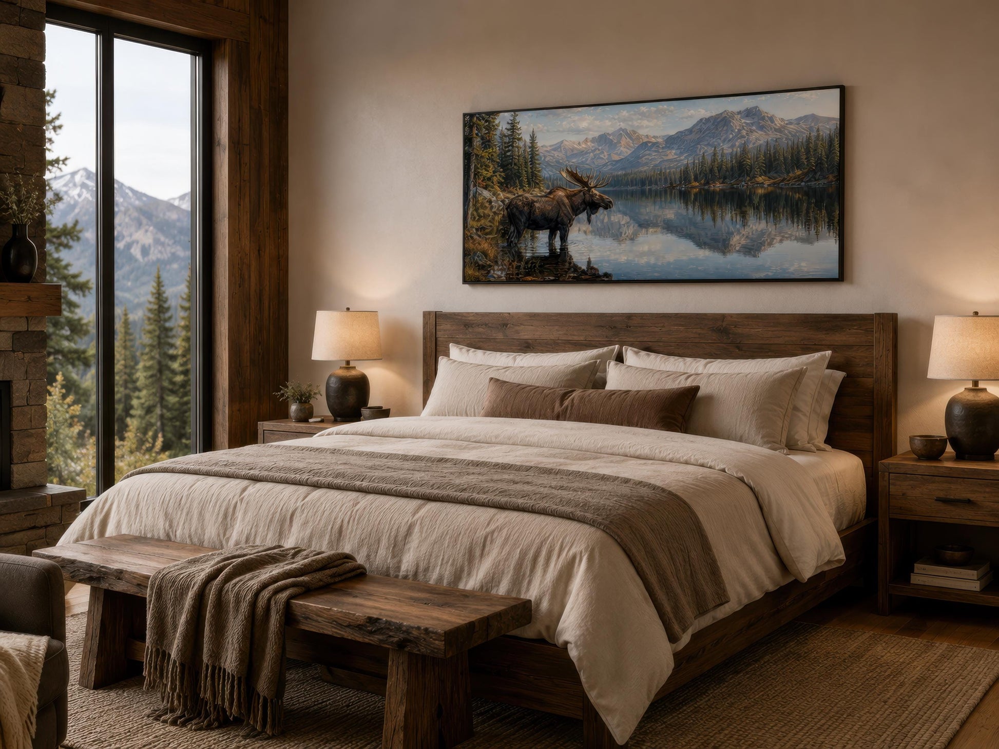 Moose Near Lake Wall Art - Above Mantel for Lake House Decor