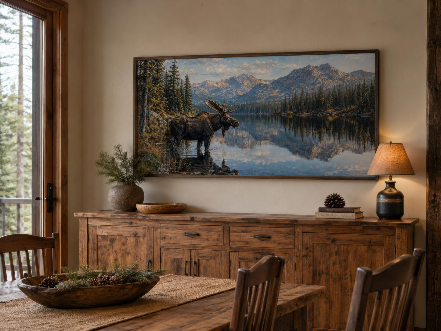 Moose Near Lake Wall Art - Above Mantel for Lake House Decor