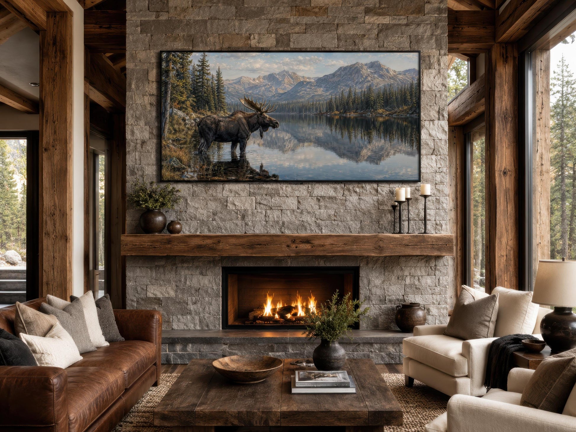 Moose Near Lake Wall Art - Above Mantel for Lake House Decor