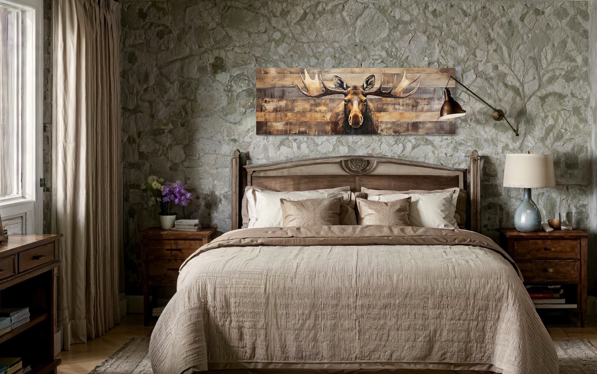 Moose Painted On Wood Rustic Horizontal Framed Canvas Wall Art For Cabin Above Bed Decor