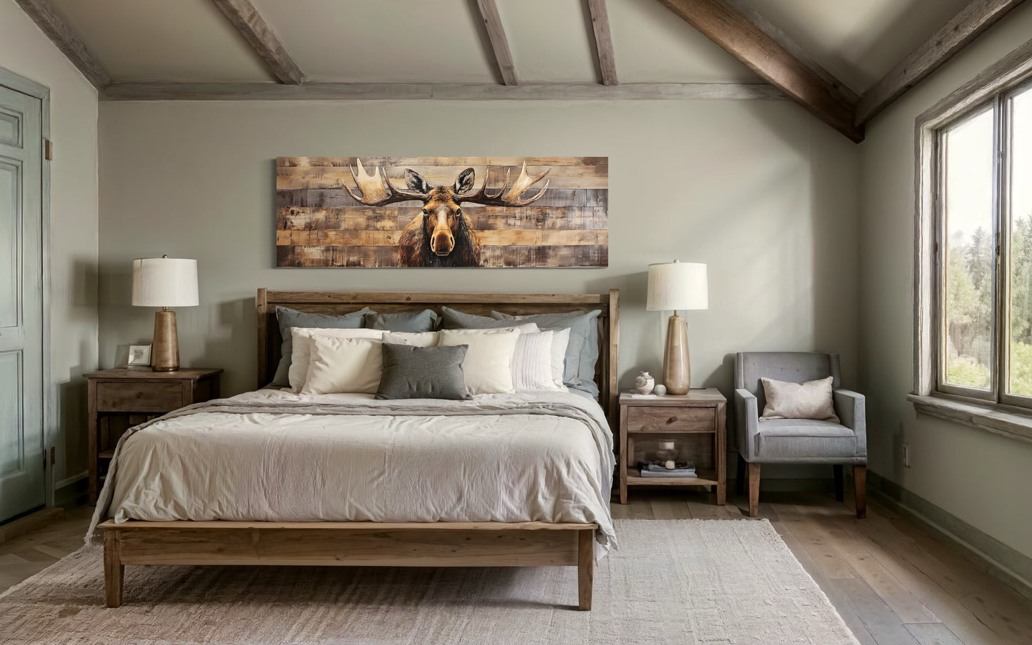 Moose Painted On Wood Rustic Horizontal Framed Canvas Wall Art For Cabin Above Bed Decor