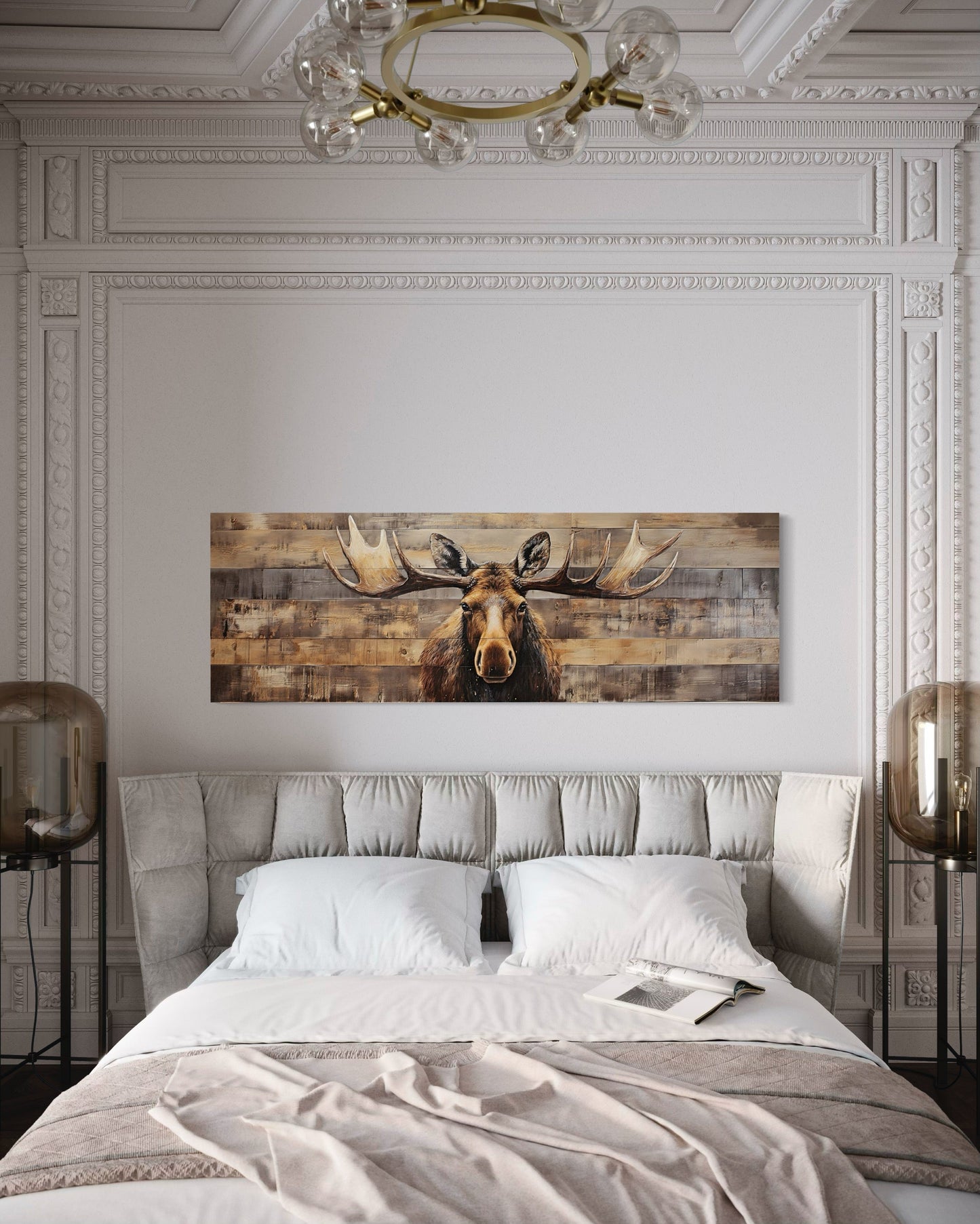 Moose Painted On Wood Rustic Horizontal Framed Canvas Wall Art For Cabin Above Bed Decor