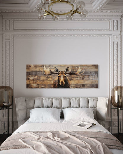 Moose Painted On Wood Rustic Horizontal Framed Canvas Wall Art For Cabin Above Bed Decor