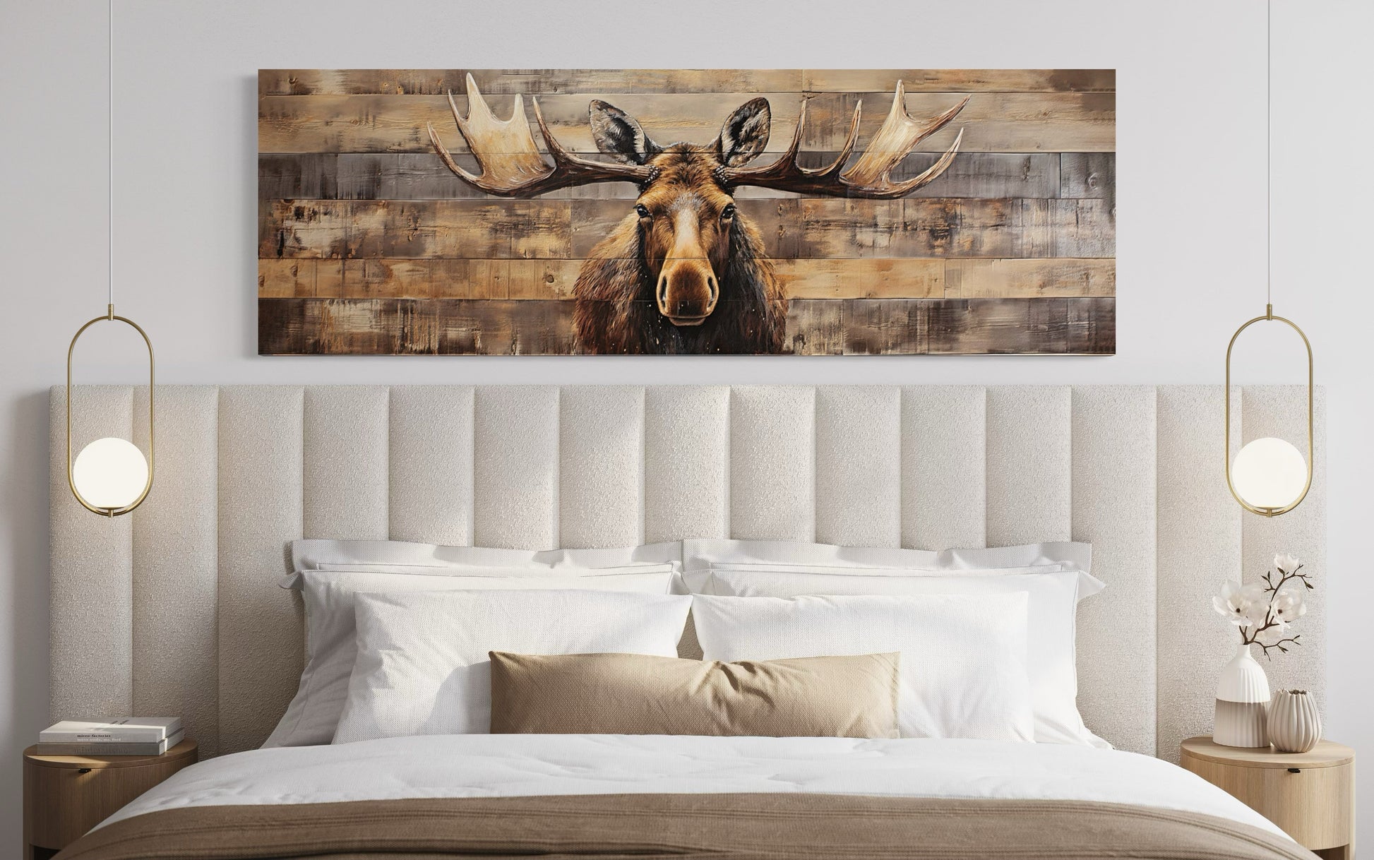 Moose Painted On Wood Rustic Horizontal Framed Canvas Wall Art For Cabin Above Bed Decor