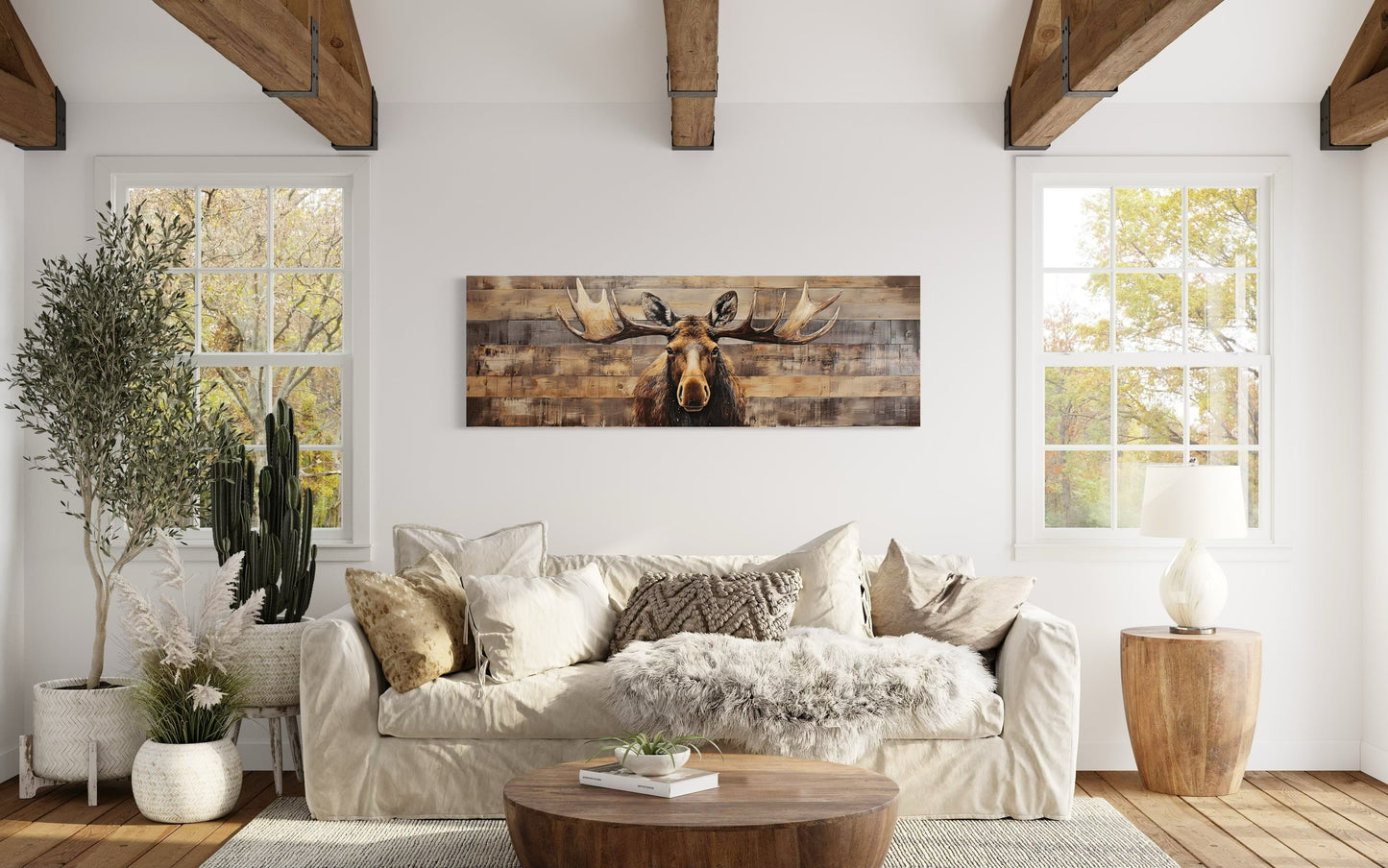 Moose Painted On Wood Rustic Horizontal Framed Canvas Wall Art For Cabin Above Bed Decor