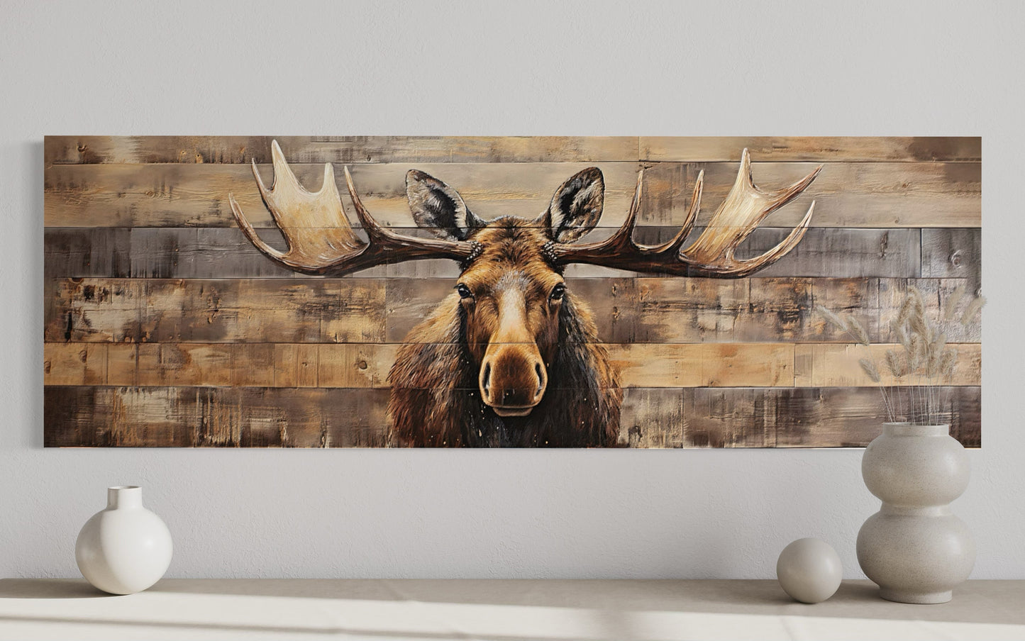 Moose Painted On Wood Rustic Horizontal Framed Canvas Wall Art For Cabin Above Bed Decor