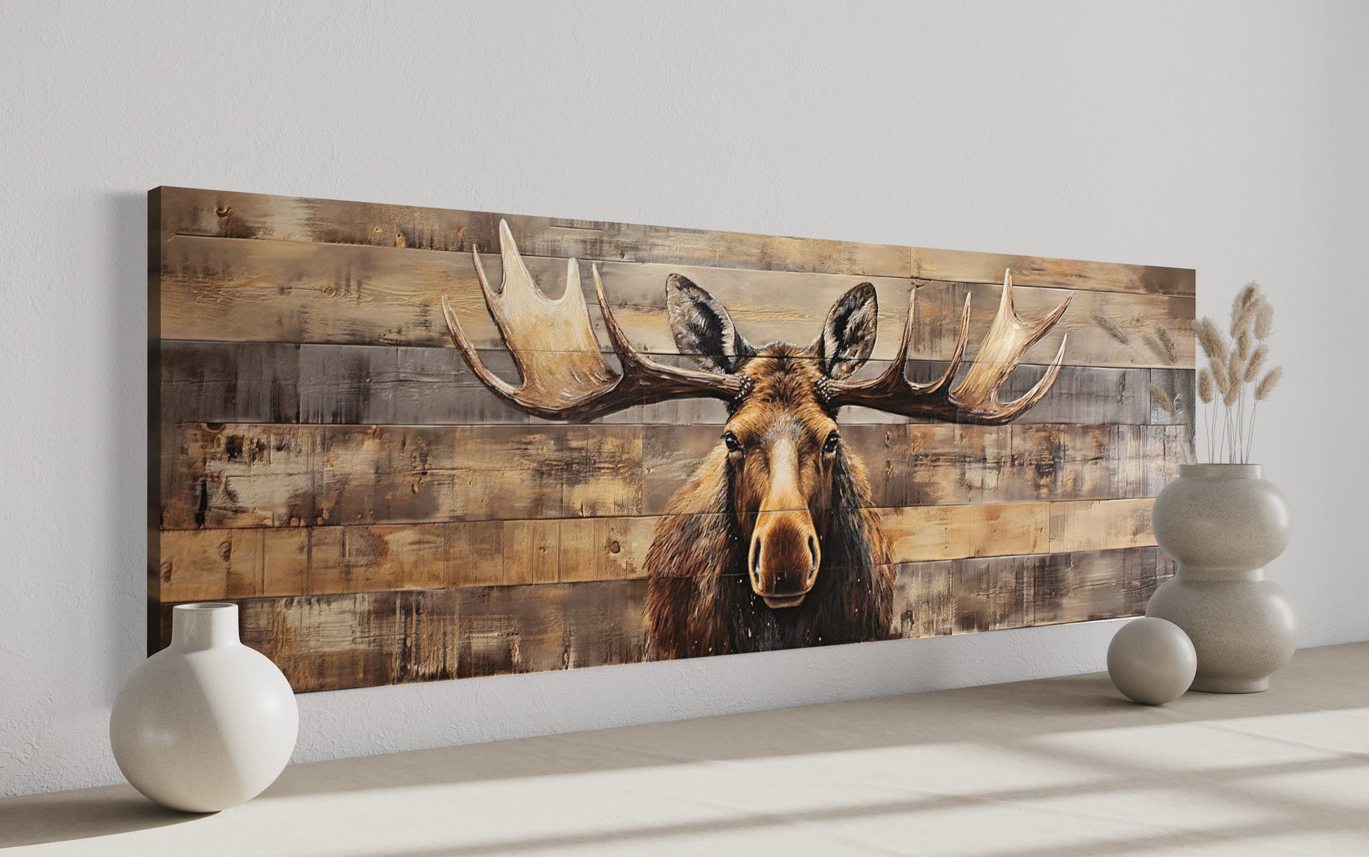 Moose Painted On Wood Rustic Horizontal Framed Canvas Wall Art For Cabin Above Bed Decor