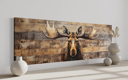 Moose Painted On Wood Rustic Horizontal Framed Canvas Wall Art For Cabin Above Bed Decor