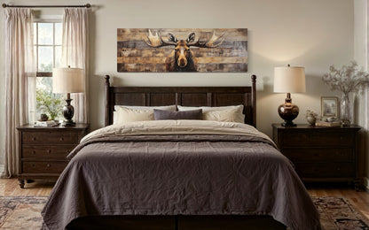 Moose Painted On Wood Rustic Horizontal Framed Canvas Wall Art For Cabin Above Bed Decor