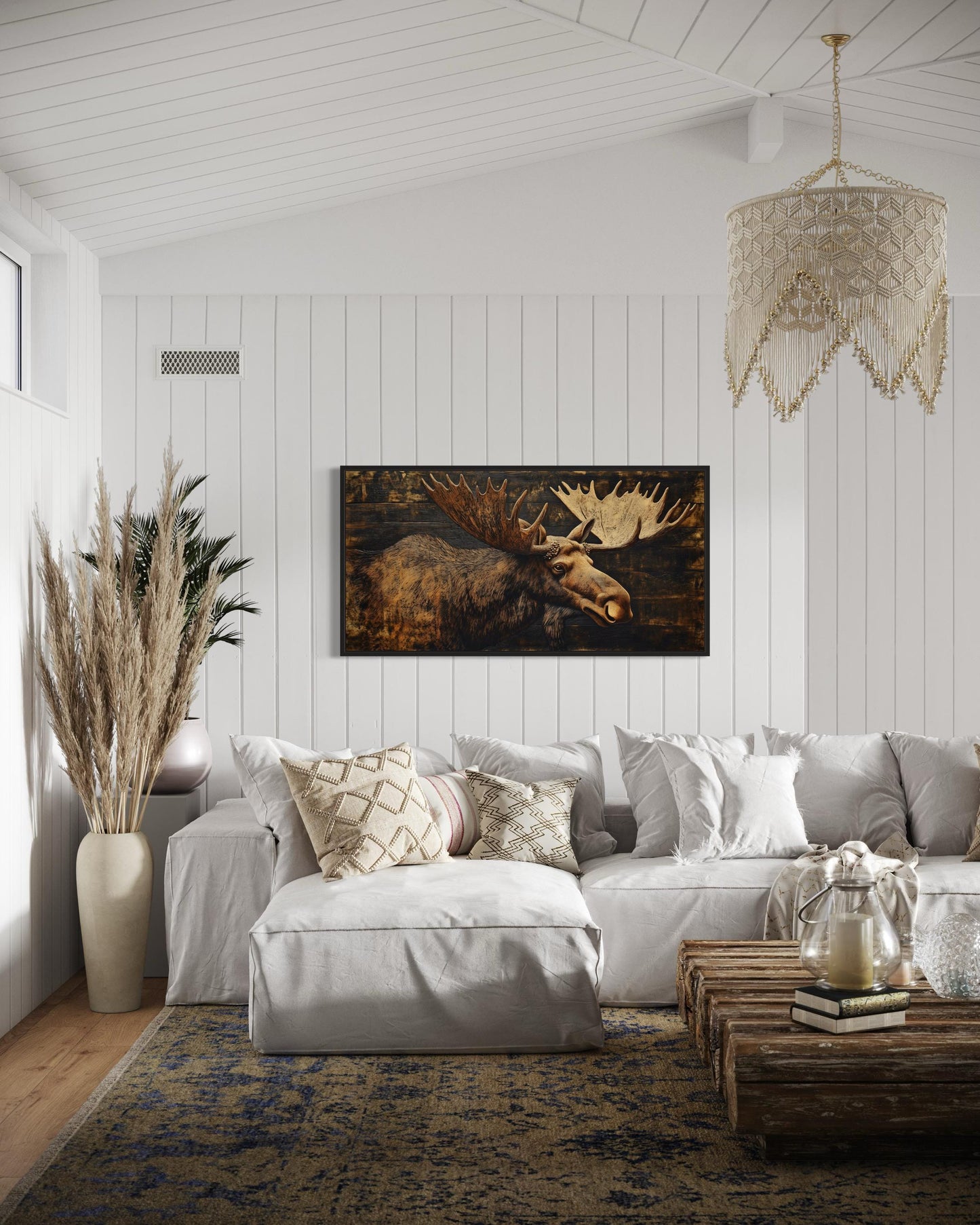 Moose Painted on Dark Wood Framed Canvas Wall Art
