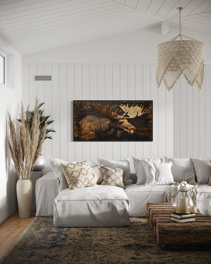 Moose Painted on Dark Wood Framed Canvas Wall Art