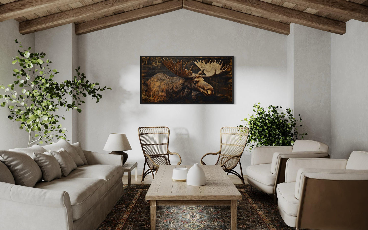 Moose Painted on Dark Wood Framed Canvas Wall Art