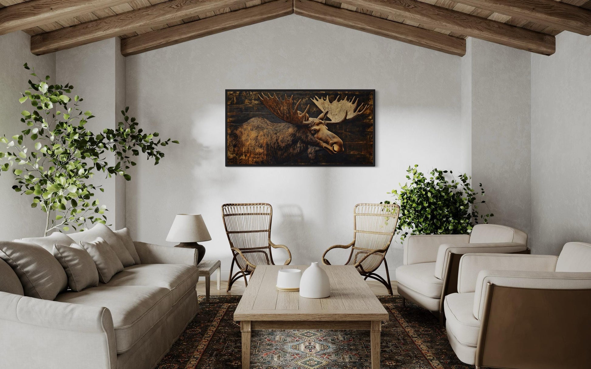 Moose Painted on Dark Wood Framed Canvas Wall Art